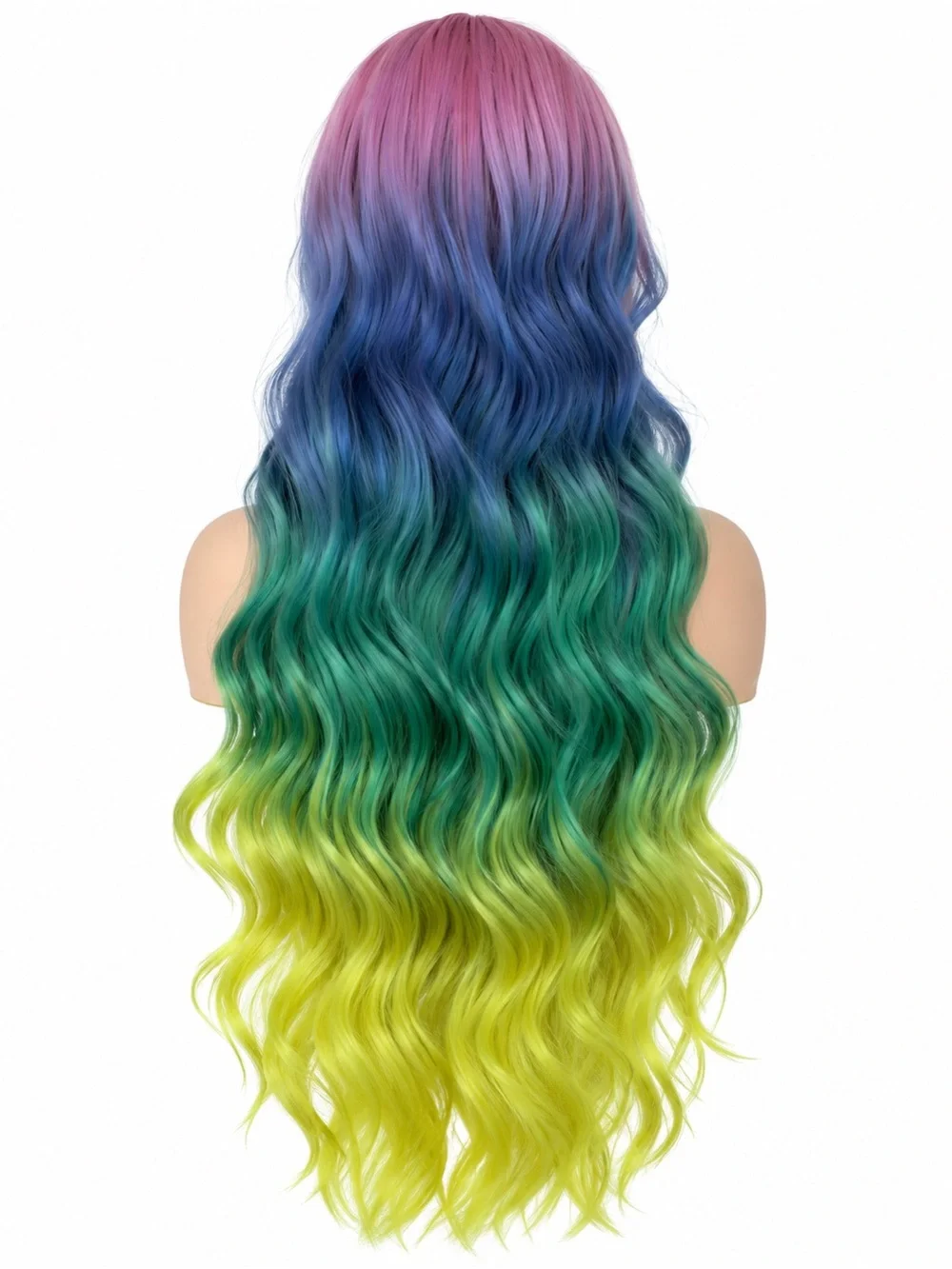 Rainbow Multicolor Ombre Long Wavy Lace Front Wig - Pink Blue Green Yellow 28in